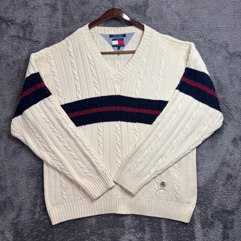 VTG Tommy Hilfiger Mens XL Cream Cable Knit V-Neck Striped Sweater Crest Logo